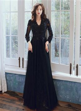 Picture of Black Color Long Sleeves V-neckline Tulle with Lace Party Dresses, Black Color Evening Party Dresses